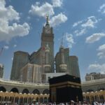 Crowds gather at Kaaba under the Abraj Al Bait Tower in Mecca.